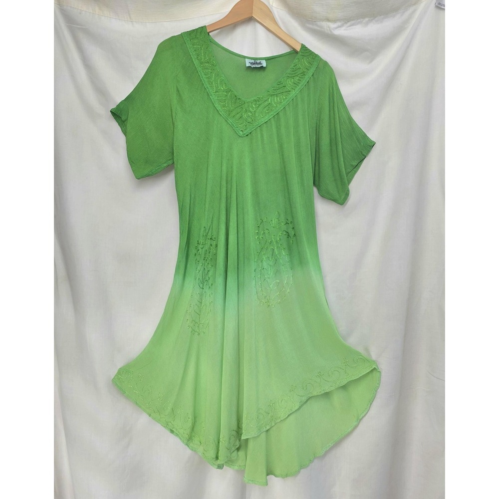 Metropolitan Kaftan Dress Womens Large Green Ombre Boho Fairy Flowy Embroidered‎